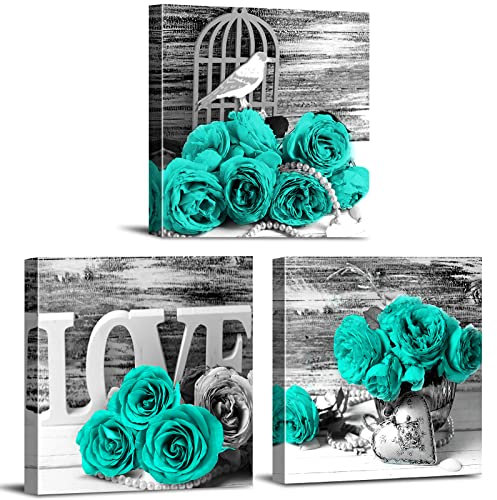 Teal Bathroom Wall Decor Turquoise Teal and Grey Rose Wall Art for Bedroom Living Room Accessories Love Sign Aqua Green Flower Pictures Floral Poster Canvas Artwork Kitchen Home Decoration 12x12 3