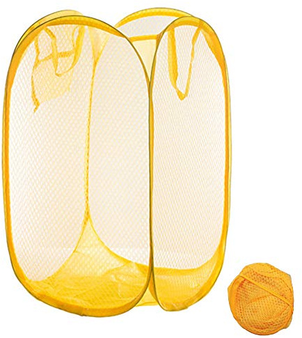 Qtopun Mesh Popup Laundry Hamper Foldable Laundry Basket Portable Dirty Clothes Basket Collapsible Dirty Clothes Hamper for Bedroom, Kids Room, College Dormitory and Travel (Yellow)