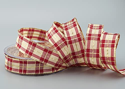 finemark 20 m x 25 mm Karo Weihnachtsband Bordeaux Creme Gold (124) mit Lurex Drahtkantenband Dekoband Geschenkband Schottenkaro Glanzband Goldkante Draht Schleifenband Winter Christmas Check