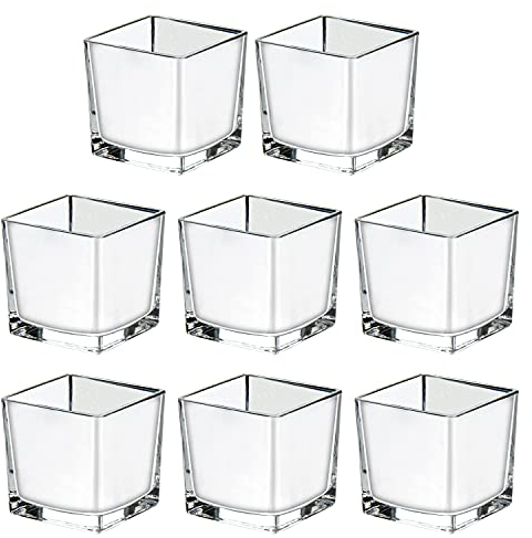 6x6x6 cm, jarrón de cristal, vasos de té, cubos de cristal, jarrones cuadrados de cristal revestidos de plata, jarrones de cristal cuadrados, candelabro, perfecto como decoración de boda, 8 unidades