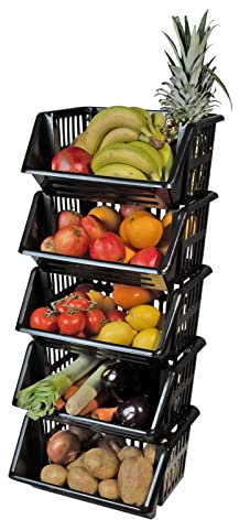 VR7 New Stackable Storage Drawers for Kitchen, Pantry, and Bathroom - Portable & Space-Saving Stacking Baskets Storage: Length 36cm x Depth 30cm x Height 17.5cm (Black, 5 rack)