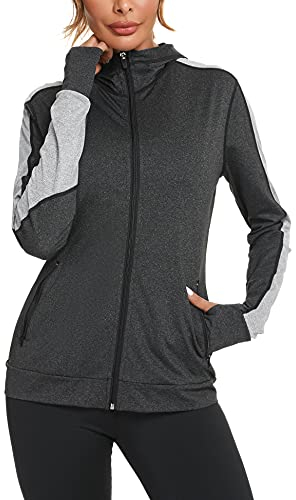 Wayleb Damen Laufjacke Sportjacke Langarm Trainingsjacke Kapuzenjacke Sweatjacke Atmungsaktive mit Daumenloch und Tasche Für Laufen Yoga Fitness Schwarz XXL