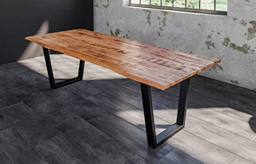 SAM Esstisch Dora 240 x 100 cm, Mangoholz massiv, lackiert & naturfarben, Baumkantentisch mit V-Metallgestell in Mattschwarz, echte Baumkante, 26 mm