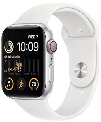 Apple Watch SE (2nd generation) (GPS + Cellular, 44mm) Smart watch, Silver Aluminium Case with White Sport Band - Regular. Fitness & Sleep Tracker, Crash Detection, Heart Rate Monitor, Water Resistant