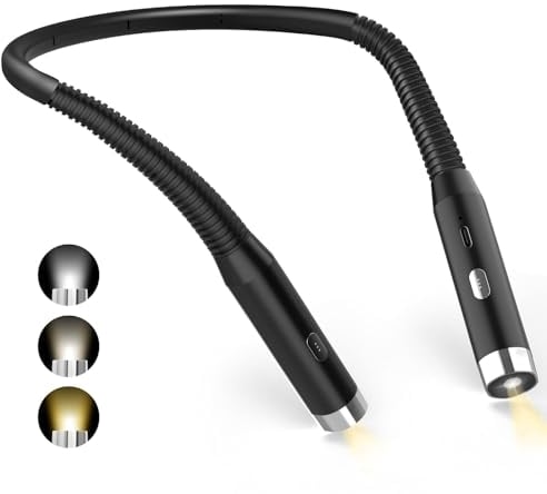 Diboniur Luz de Lectura Cuello, USB Luz Recargable LED, 3 colores y 3 niveles de brillo ajustables, plegable en 360°, Luz para Leer libros en la Cama, Perfecto para viajar, tejer, acampar