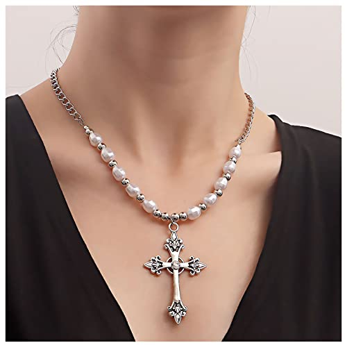 Inilbran Punk Kreuz Anhänger Halskette Silber Perle Choker Halskette Vintage Jesus Kreuz Halskette Kette Gothic Kreuz Halskette Halskette Schmuck für Frauen und Mädchen