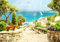 wandmotiv24 Fototapete Meer Hafen Urlaub, 200 x 140cm - selbstklebende Strukturtapete, Wanddeko, Wandbild, Wandtapete, Mediterran, Segelboot, Treppe M1103