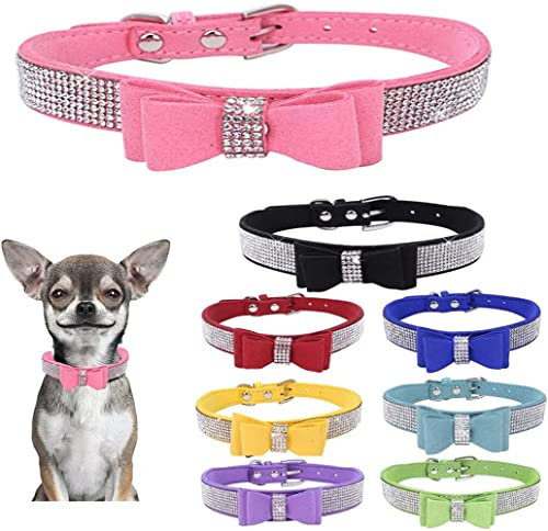 Collier pour chien avec nœud papillon en strass, collier mignon en cuir étincelant pour chat et chaton, taille S, M, L, rose