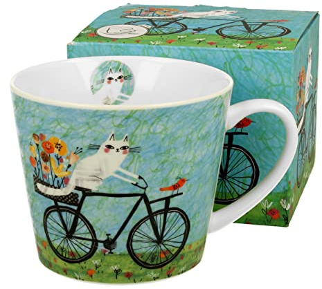 Tasse Jumbo XXL 610 ml en porcelaine - Cadeau de bureau - Tasse à café - Tasse à thé - Cappuccino - Motif du monde des chats (vélo)