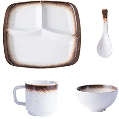Weight Management Tableware - Portion Control Plate and Bowl Combo, 10 oz Mugs/ 4.5 Rice Bowls with Spoon, Divided Plates for Adults Breakfast, Retro Design (Color : Mocha Color)