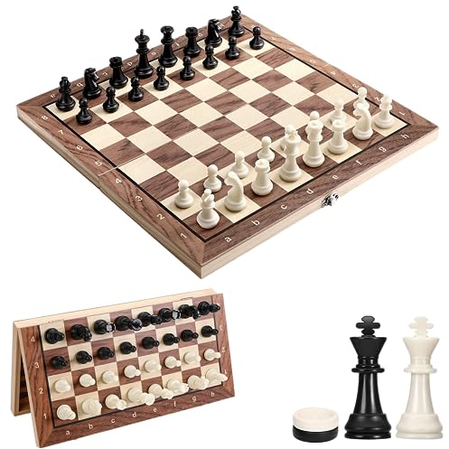 Ajedrez Magnético 3 en 1 - Juego de Madera con Backgammon y Damas, Tablero Plegable Portátil para Niños y Adultos, Ideal para Viaje (29CM)