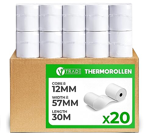 V1 Trade Thermorollen 57mm x 30m x 12mm (20 Stück) - Kassenrollen 57mm Thermo für Registrierkasse - EC Rollen aus Thermopapier 42 g / m2 - Bonrollen Thermo 57mm für Bondrucker
