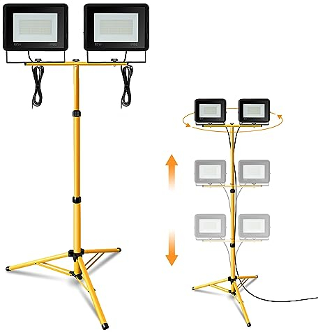 Jiubiaz Baustrahler LED mit Stativ, 2x50W Arbeitsstrahler 4250LM Bauscheinwerfer 6000K Kaltweiß, Höhenverstellbar Stativ und 1m Kabel, IP66 Wasserdicht Baulampe Schuppen (kein Stecker)