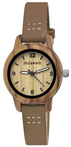 Holzwerk Germany Handgefertigte Kleine Öko Damen-Uhr Öko Natur Holz-Uhr Leder Armband-Uhr Analog Klassisch Quarz-Uhr in Schwarz Braun Rot Blau Türkis (Coffee-Braun.)