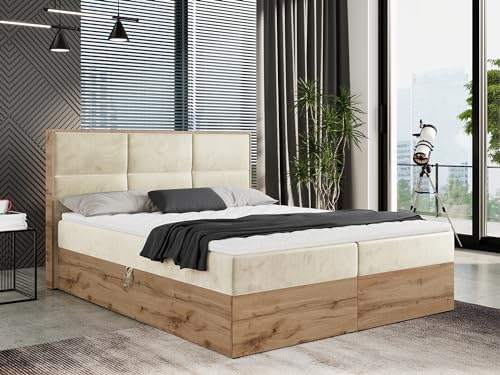 MKS MEBLE Boxspringbett 180x200 mit Bettkasten Holz Holzrahmen, Boxbett 180x200 mit Matratze H4 und Kopfteil - Beige Samt - Albero-2