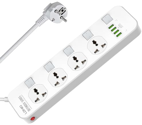 LELYFIT Multiprise Multifonction,4 Prises Universelles, Protection Contre Les Surcharges, 4 Ports USB Rapides (5V 3,4 A 17W), Interrupteur de Sécurité Indépendant, Câble d'alimentation de 2m