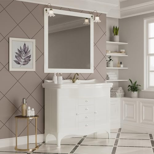 Inbagno Mobile bagno a terra 115 cm bianco decape con 2 ante e 3 cassetti, lavabo in ceramica lucida, specchio 100x105 con cornice e lampade, ROMANTICA