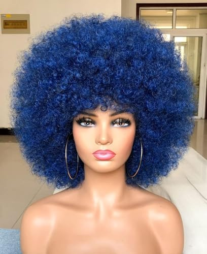 ISAMY 70's Afro Perücken für Schwarze Frauen Kurz lockig Afro Kinky Perücke Bouncy Riesige Fluffy Puff Perücken Premium Synthetik für Cosplay und täglich (Blau)