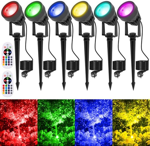 T-SUNUS Spot LED Extérieur RGB, Projecteur de Jardin RGB Blanc Chaud avec Télécommande IP65 Étanche Éclairage de Jardin RGB pour Jardin Arbres Chemins 6 Packs