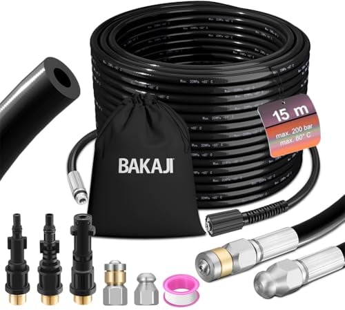 BAKAJI Sonda Sturatubi Spurgatubi Alta Pressione 200 Bar, Sistema Antipiega con Custodia, 3 adattatori, 2 ugelli fissi e rotanti, Compatibile con idropulitrice Kärcher k2-k7 LAVOR (15 Metri con Borsa)