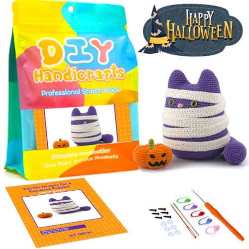 Halloween-Häkelset für Anfänger, Katze & Halloween-Kürbis-Häkelset, Schritt-für-Schritt-Muster-Tutorials, Häkel-DIY-Strickset für Erwachsene und Kinder, komplettes Set enthalten