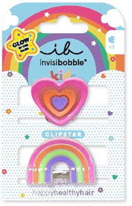 invisibobble CLIPSTAR GLOW KIDS HAPPY HEARTS - 2 Stück leuchtende Kinder Haarspangen – Regenbogen- und Herz-Design – Rutschfeste Haarclips für gesundes Haar – Perfekt für Mädchen