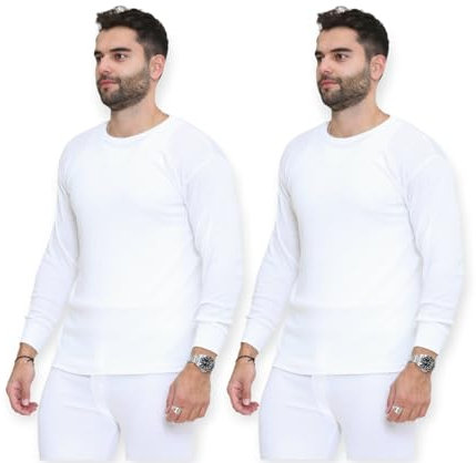 AFR® Pack of 2 Mens Thermal Long Sleeve Base Layer Top - Adults Winter Ski Inner Vest Warm Underwear T-Shirts - Quick Dry Undershirt for Outdoor Sports Running (White, Medium)