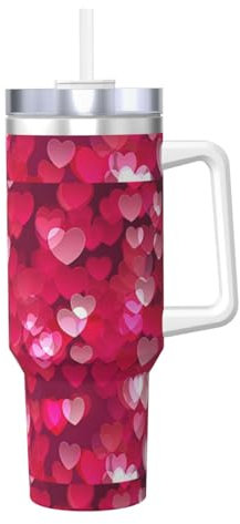 Taza de café fría y caliente de acero inoxidable aislada con estampado de corazón de San Valentín de 40 onzas con asa