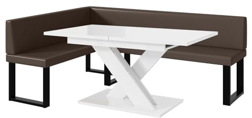 MEBLINI Eckbank für Esszimmer mit ausziehbarem Tisch - Küchenbank - Essecke - Sitzecke Küche - ERIC - U-Beine 142x196x87cm Links - Braun Kunstleder/B Weiß Hochgl.