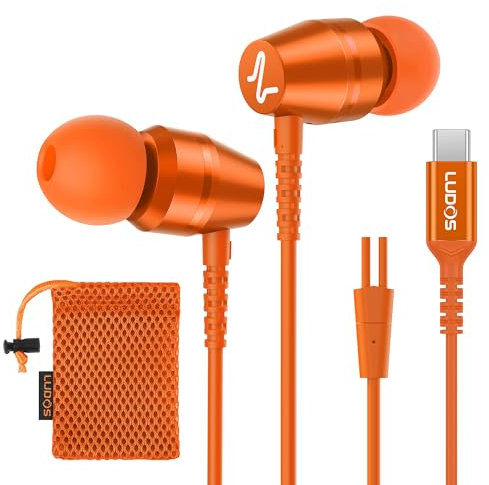 Ludos OMNITONE USB C Headphones, 5 Years Warranty, USB-C Earbuds for iPhone 16 15 Pro Max Plus Samsung Galaxy S24 S23 Ultra S22 S21 FE S20 Z Flip 3 Fold 4 A53 A54, USB Type C Earphones - Orange