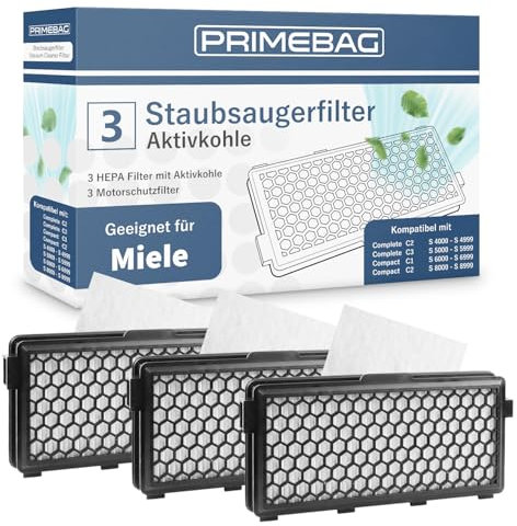 PRIMEBAG 3 Filter HEPA kompatibel mit Miele S8340 S8 S6 S5 S4 Complete C2/C3 Compact C1/C2 - Aktivkohlefilter gegen Gerüche inkl. 3 Motorschutzfilter für Bestleistung beim Saugen