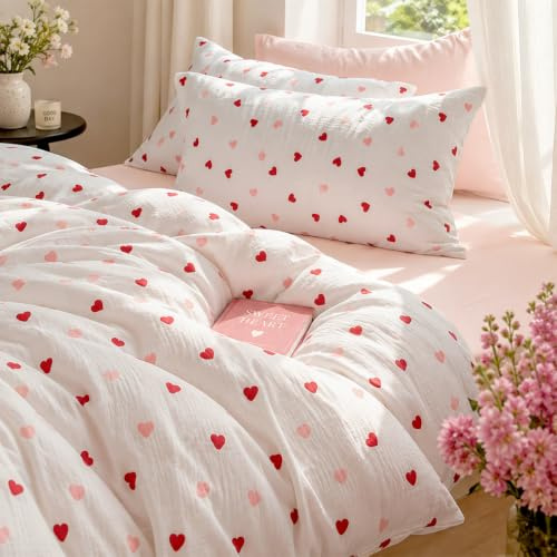 Lanqinglv Musselin Bettwäsche 200x200 Baumwolle Rosa Herzen,Leinenoptik | ÖKO-TEX Zertifiziert,für Allergiker,4 Jahreszeiten Set,Atmungsaktiv Bettbezug 2 Kissenbezüge 80x80 mit Reißverschluss