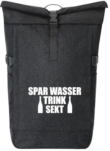 Huuraa Kurierrucksack Spar Wasser Trink Sekt Sektflasche 30-44 Liter Black Melange Fairtrade Rolltop Rucksack Geschenkidee