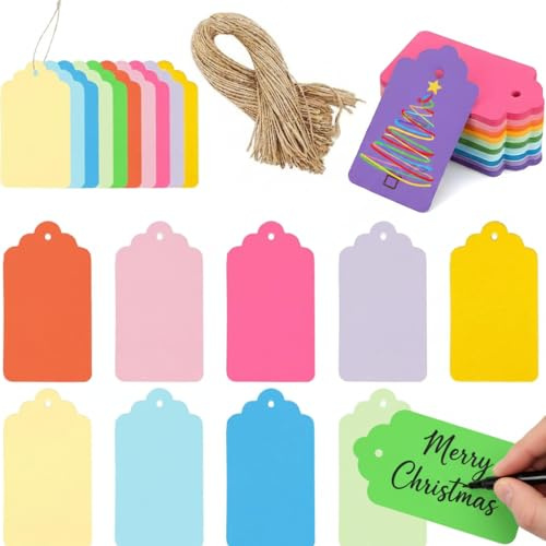 100Pcs Gift Tags with String for Present, Colorful Gift Tags for Christmas, Decorative Paper Tag for Gifts, Small Paper Decorative Hanging Labels, for GIF t Box Wrapping Wedding Party Birthday