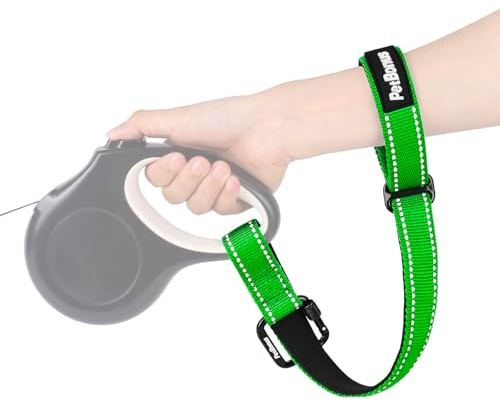 PetBonus Dog Leash Wrist Strap with Lockable Clip for Dog Retractable Leash | Adjustable Soft Padded Handle, Reflective, Escape Proof, Heavy Duty, Extra Layer Security for Pet Stroller, Grass Green