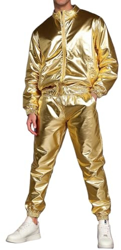 Foweknow Karneval Kostüm Herren Metallic Glänzende Zweiteiliger 80Er Jahre Outfit Herren Mode Casual Disco Party Outfit Bomberjacke Hose Anzug Pailletten Abschlussball Bühnenshow Verkleidung