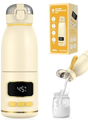eSynic Fast 3-Mins 450ml Heating Baby Bottle Warmer for Breastmilk&Formula | Detachable Cup, Adjustable Temperature Control, 15000mAh Rechargeable, Easy to Clean, Stainless Steel, Portable for Outdoor