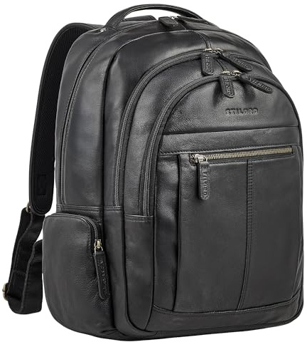 STILORD Alaric XL Business Rucksack Herren Leder Laptoprucksack 17 Zoll viele Fächer für DIN A4 Ordner Lederrucksack großer Arbeitsrucksack Männer mit Trolley-Halterung Farbe:schwarz