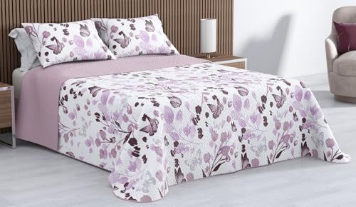 Kimbatex Colcha Bouti Estampada 100% Microfibra Termosellada, Diseños EOS, Talia y Nereida, Reversible con Fundas de Cojín (Calipso Lila, Cama 90cm 180x260cm + 1 cojin)