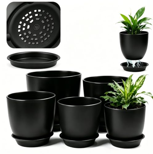 Linzerry 5er Blumentopf Set Pflanztopf mit Untersetzer Schwarz 11.5-17.8cm Blumentöpfe Plant Pot mit Untersetzer Abflusslöchern Blumentopf Outdoor Pflanztöpfe für Zimmerpflanzen Sukkulenten Kräuter