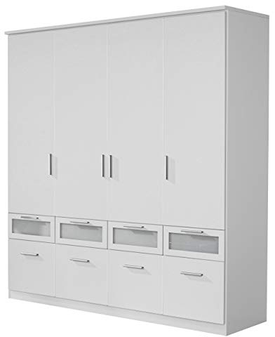 Rauch Möbel Bochum Schrank Kleiderschrank Drehtürenschrank 4-türig mit 8 Schubladen, Weiß / Milchglas, BxHxT 181x199x56 cm, Alpinweiß
