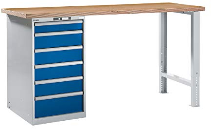 LISTA | Werkbank im Baukastensystem | Höhe 1040 mm | Unterstellschrank | 6 Schubladen | enzianblau | Tischbreite 2000 mm