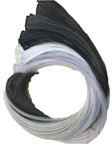 Prettyland - GHW08 bunte Strähnen multifarbig Extension Set 12-teilig Haarteil Clip-In glatt - Silbe Grau Schwarz- Set 5