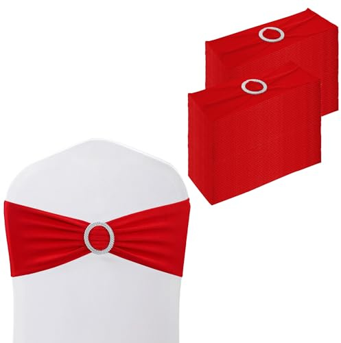 WedDecor Stretch Chair Bands Plain Spandex Band with Slider Buckle for Wedding Party Chair Decoration, Events Supplies, Formal Meeting, Red, 13 x 6 Inches, 100pcs | Stretch Chair Sashes for Wedding Party Chair Decoration, Event Supplies, Formal Meeting, 13 x 6 Inches