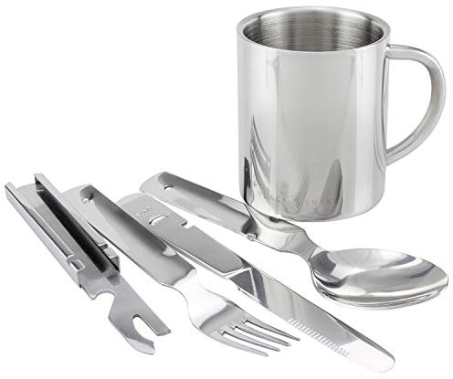 Black Snake Stainless Steel Camping Cutlery Set with Thermal Mug Set of 1, 2 or 4 in BW Style - 1 Person - Set