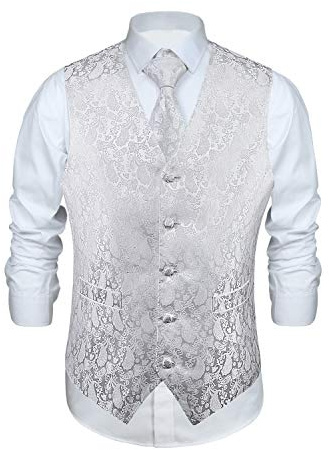 Enlision Gilet Costume blanche Homme Mariage Paisley Ensemble de Cravate et Pochette Jacquard Gilets sans Manche pour Fête 3XL