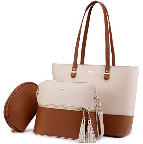 LOVEVOOK Handtasche Damen Shopper Schultertasche Blau Umhängetasche Damen Geldbörse Tragetasche Groß Tasche Tote für Büro Schule Einkauf Reise Leder Handtasche 3-teiliges Set, Beige-schwarz