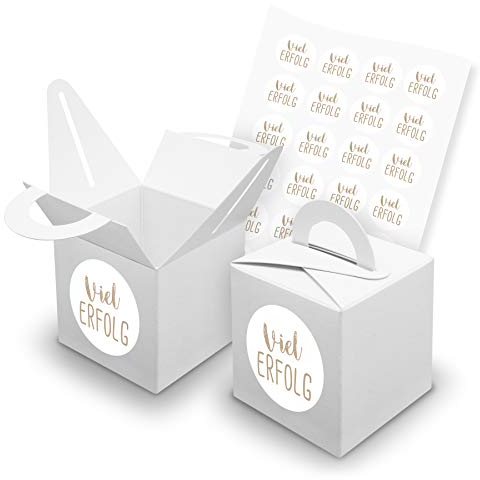 itenga Set Viel Erfolg Braun 24x Würfelbox mit Griff Weiß inkl. Aufkleber Sticker für Gast Geschenk Mitbringsel Geburtstag