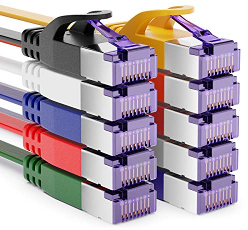 deleyCON 10x 1m Plano CAT7 Cable de Red (CAT 7 con 10 Gbit/s) Gigabit LAN - RJ45 Ethernet Corto Cable de Conexión Plano - para Internet Conmutador Enrutador Módem Panel de Conexiones - Colores