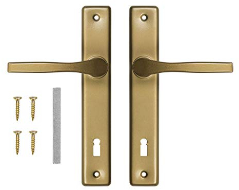 ADGO Poignée de Porte Ensemble de Poignées Droite et Gauche pour Porte à Clé, R=72 mm, Rectangulaire, Poignée en Aluminium pour une Serrure étroite, Plaque d'acier Enduit de Poudre Galvanisée, Or